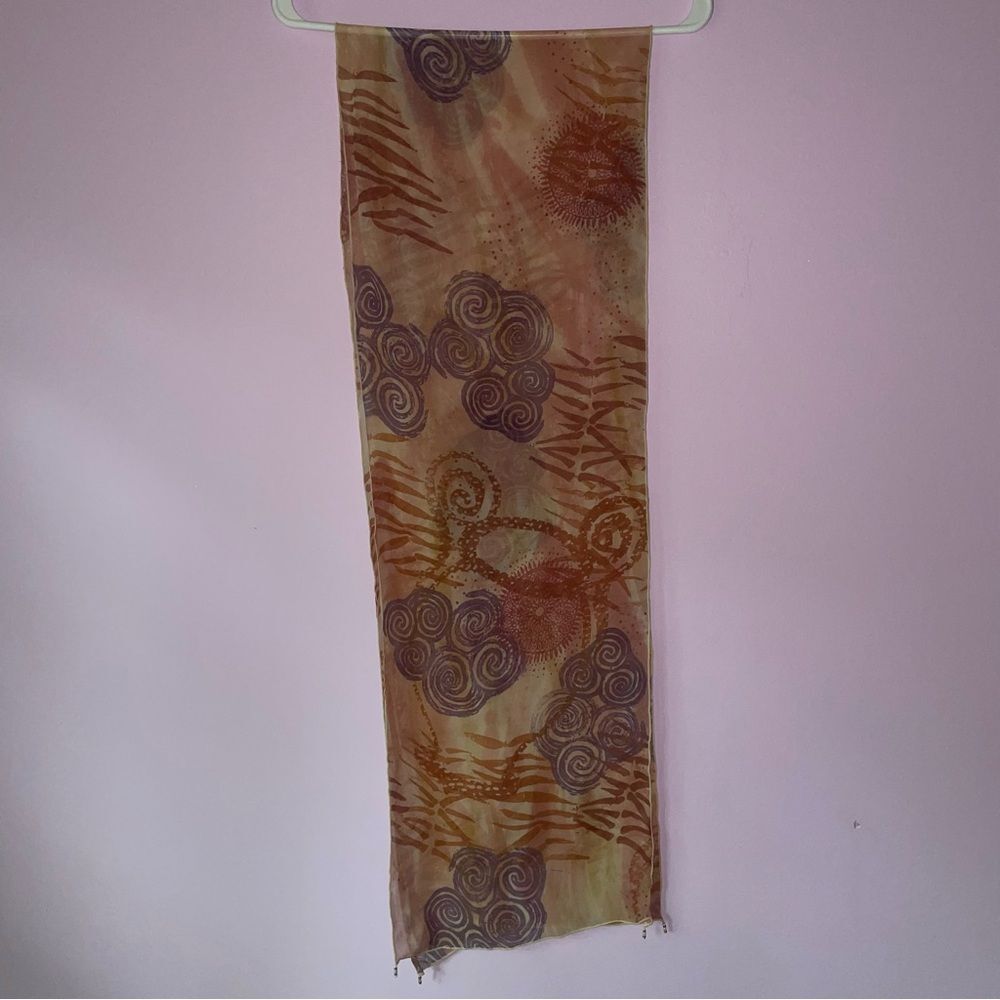 Tan 100% Silk Scarf Abstract Boho Print Beaded Tassel